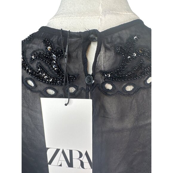 ZARA Black Sheer Small Long Sleeve Embroidered Beaded Blouse - Picture 11 of 16